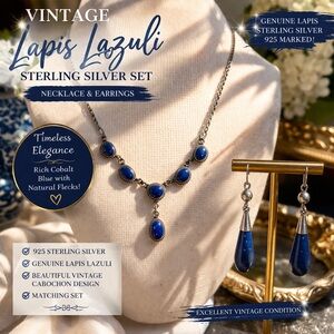 Vintage 925 Lapis Lazuli Necklace Earrings Set Sterling Silver Blue Stone